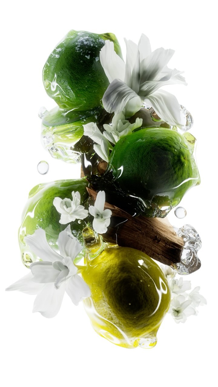 Close-up of limes in water with white flowers and a piece of wood, all set against a white backdrop, product photography.
