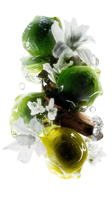 Close-up of limes in water with white flowers and a piece of wood, all set against a white backdrop, product photography.