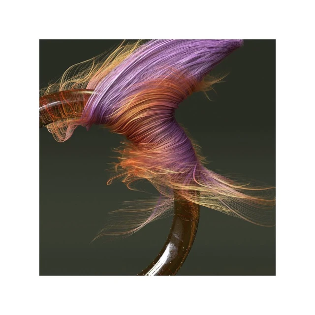 Abstract 3D render featuring an amber-colored, curved form surrounded by flowing strands of purple, orange, and yellow on a dark background.