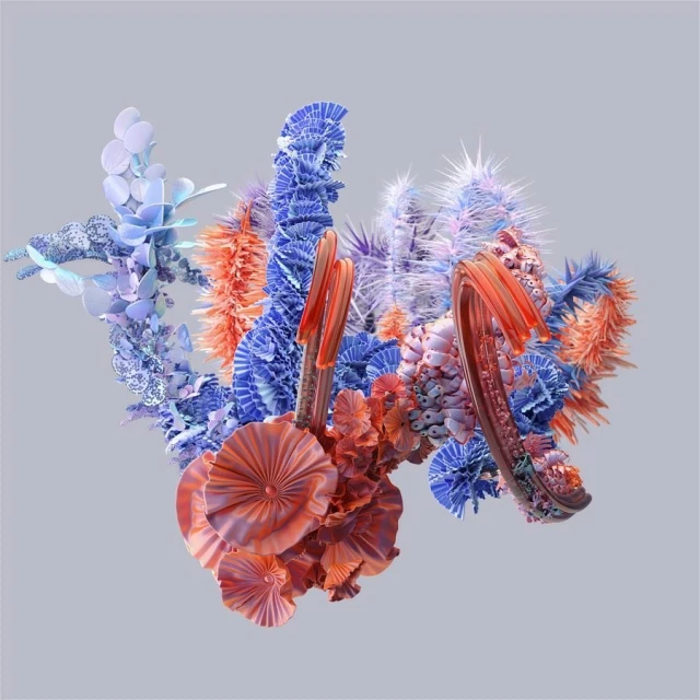 Abstract render featuring a collection of organic shapes in a pastel palette of coral, blue, and purple, with intricate textures and details.