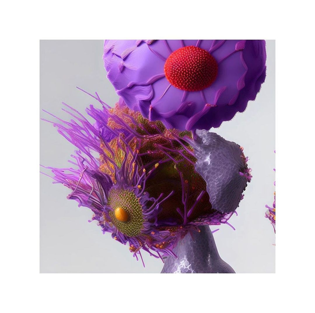 Abstract purple-toned flower with textured surface and stem. The art style leans towards illustration, animation and 3D rendering.