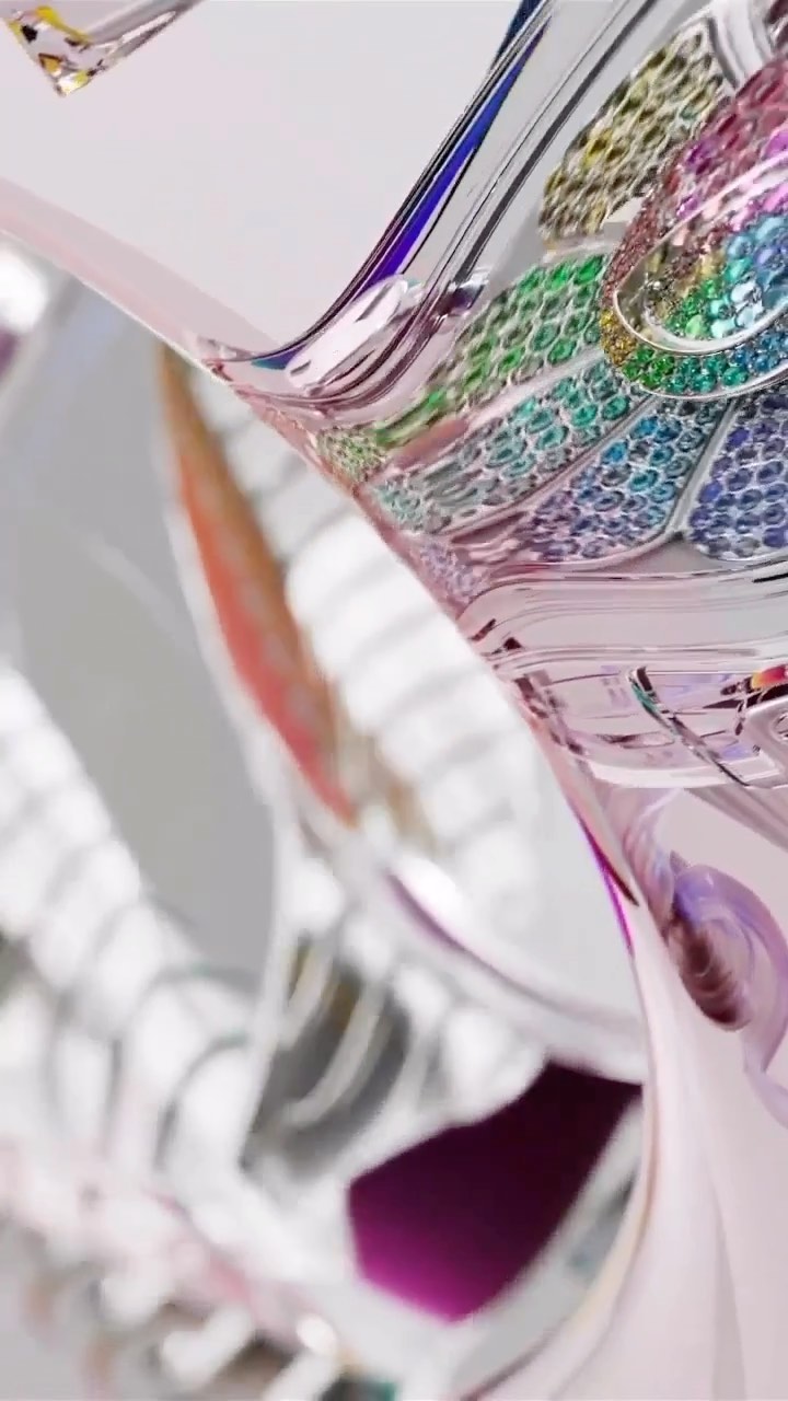 Abstract iridescent fluid forms with a geometric pattern in cool tones of silver, blue, pink, and green create a futuristic visual.