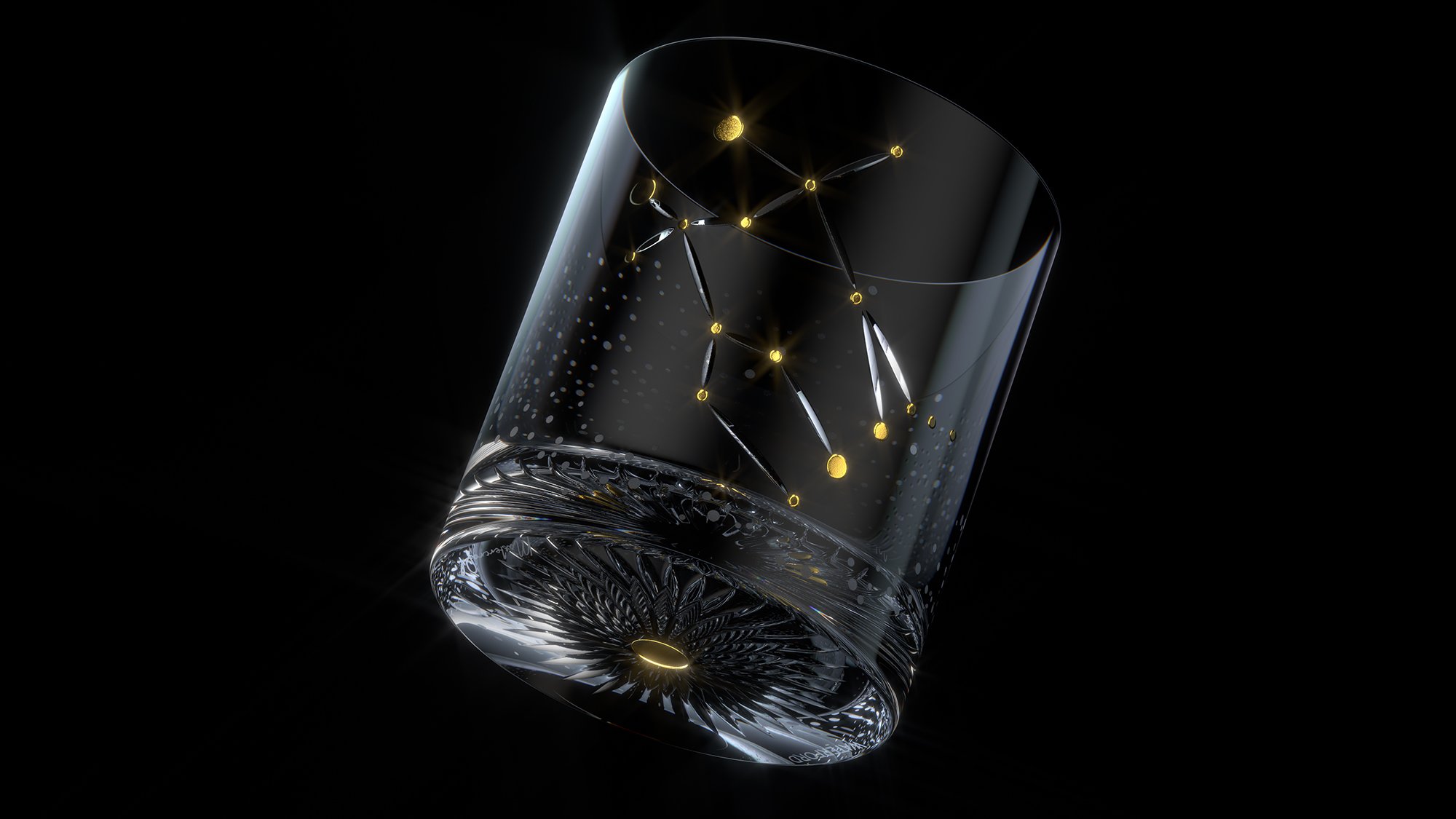 Crystal glass with constellation design against a black background, shot with studio lighting for product marketing material, shiny and elegant.