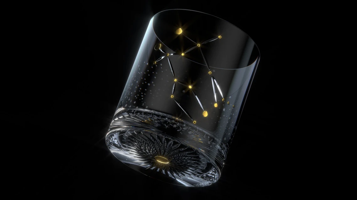 Crystal glass with constellation design against a black background, shot with studio lighting for product marketing material, shiny and elegant.