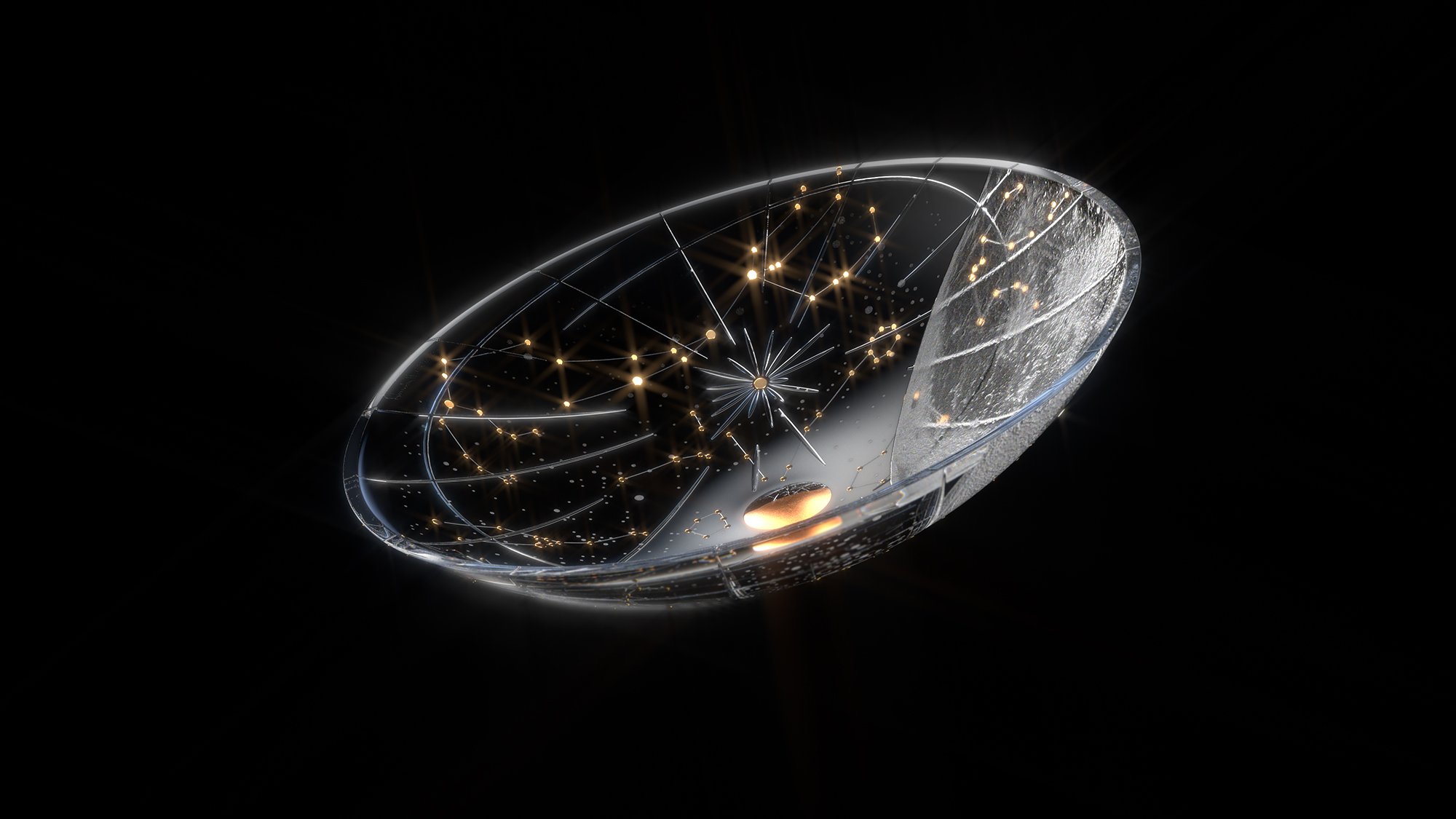 Abstract 3D render featuring a futuristic transparent bowl-shaped object with internal connections and golden orbs against black.