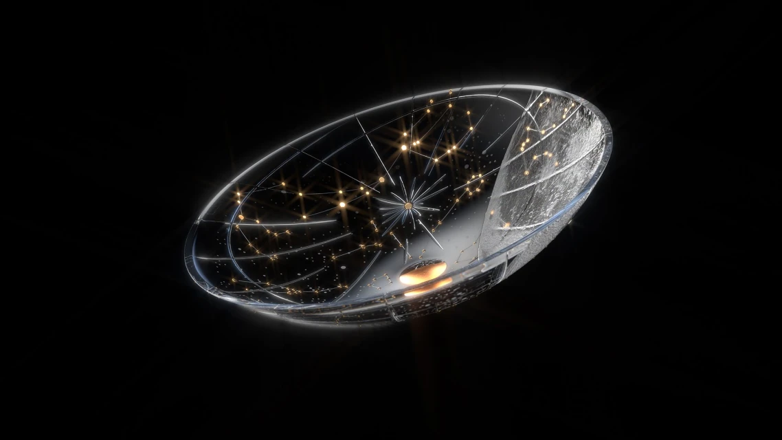 Abstract 3D render featuring a futuristic transparent bowl-shaped object with internal connections and golden orbs against black.