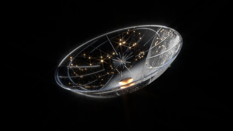 Abstract 3D render featuring a futuristic transparent bowl-shaped object with internal connections and golden orbs against black.