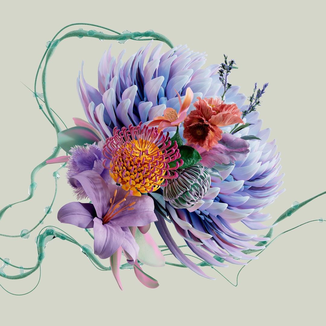 Floral arrangement with colorful chrysanthemums and lilies in hues of lavender, orange, and pink, accented by green vines on a beige background.
