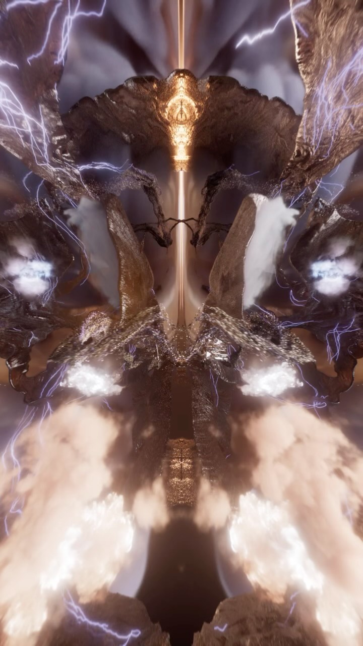 Abstract computer-generated image with symmetrical rock formations, electricity, and smoke effects in shades of brown, gold, and white.