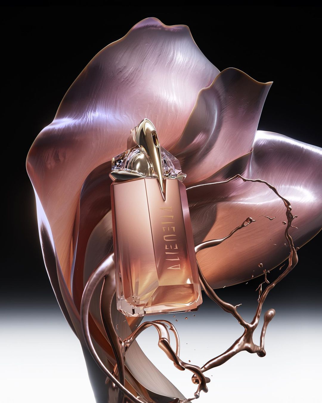 Perfume bottle with geometric, art deco-inspired design, metallic floral elements, liquid details, and gradient effect on a dark backdrop.