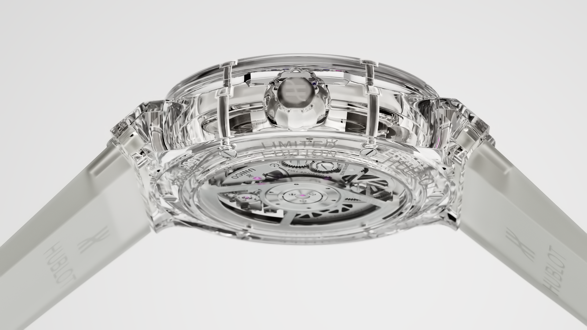 Transparent Hublot watch with visible movement, showcasing intricate mechanics and design against a clean, bright background, luxury timepiece.