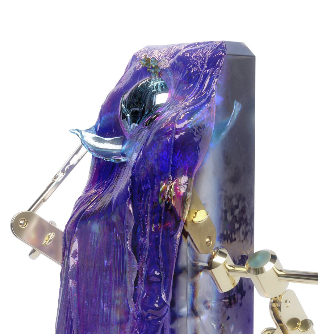 Close-up of a blue and purple resin sculpture on a silver and gold metal stand, displayed against a stark white background.