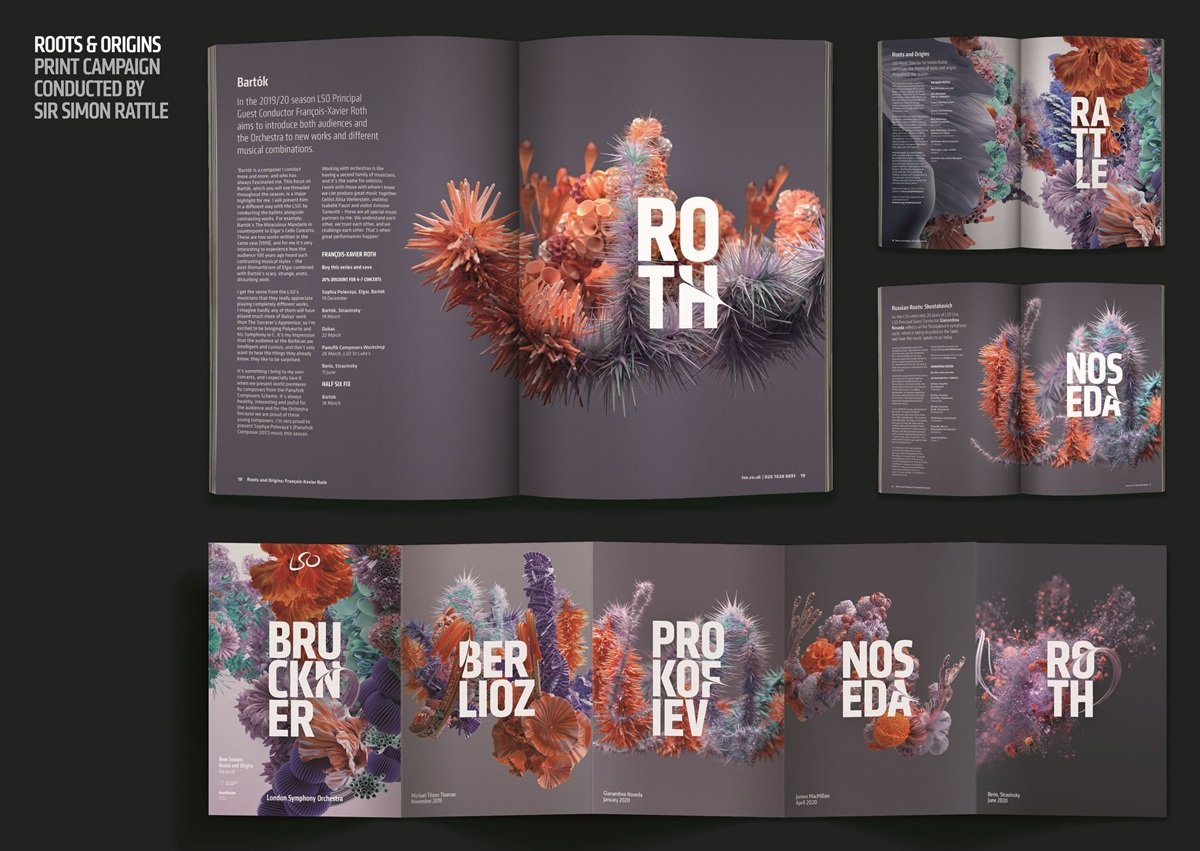 Ornate flower arrangements and typographic design inside open art and design magazine showcasing a print campaign by Sir Simon Rattle.