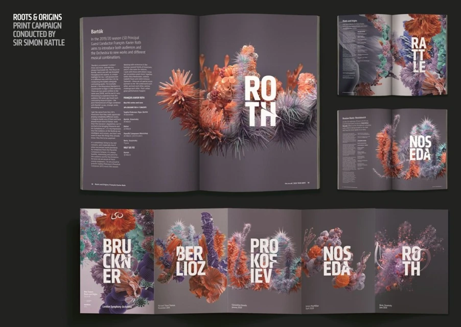 Ornate flower arrangements and typographic design inside open art and design magazine showcasing a print campaign by Sir Simon Rattle.