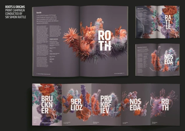 Ornate flower arrangements and typographic design inside open art and design magazine showcasing a print campaign by Sir Simon Rattle.