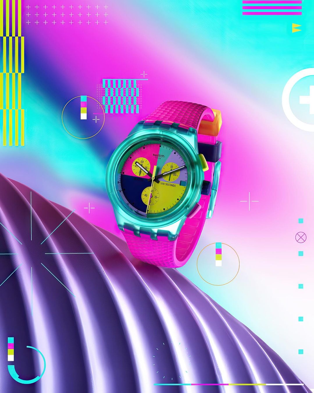 Wristwatch with a pink band, clear blue casing, and multicolored face, presented on a purple, reflective surface with neon graphic elements.