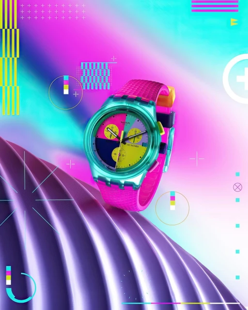 Wristwatch with a pink band, clear blue casing, and multicolored face, presented on a purple, reflective surface with neon graphic elements.