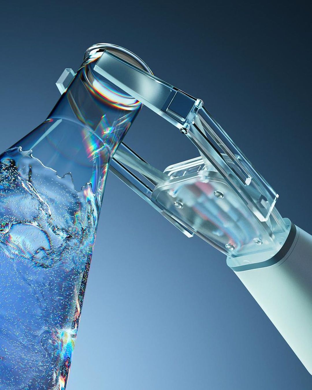 Illustration of a clear robotic hand holding a glass bottle filled with water against a gradient blue background.