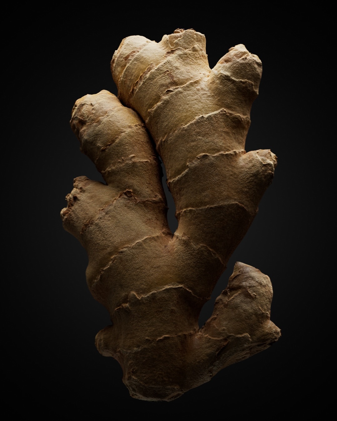 Close-up studio shot of fresh ginger root with textured skin, showcasing its natural form and earthy tones against a dark background.