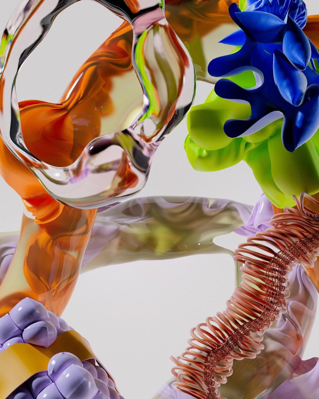 Abstract art featuring colorful, fluid shapes and transparent, glass-like forms in shades of orange, green, blue, and purple.