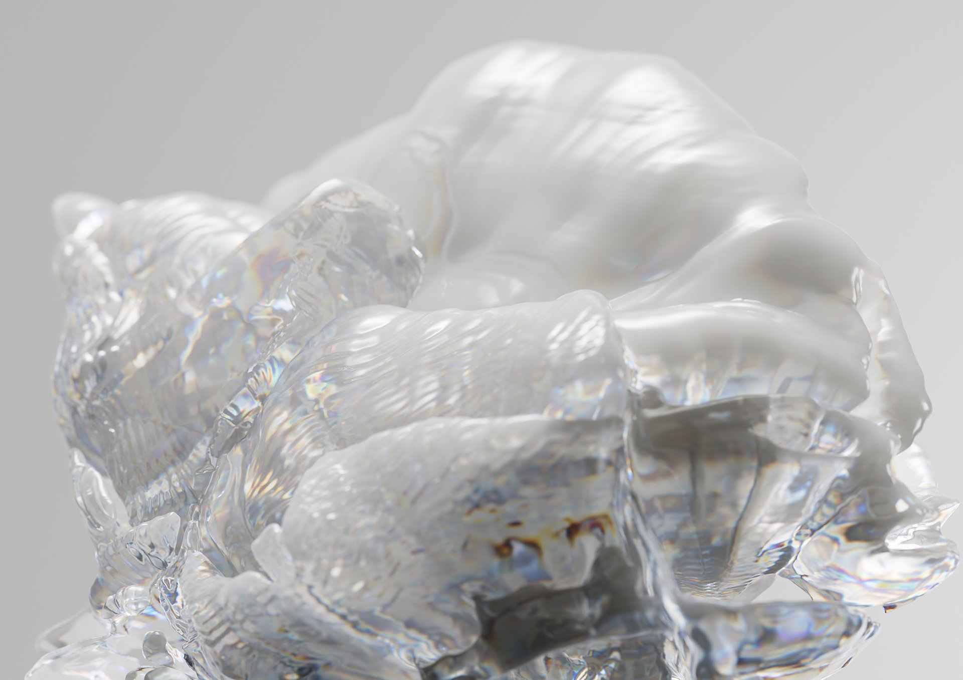 Close-up of a translucent abstract sculpture featuring a swirling design with frosted textures and light refraction against a white background.