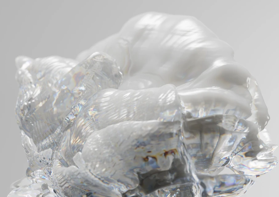 Close-up of a translucent abstract sculpture featuring a swirling design with frosted textures and light refraction against a white background.