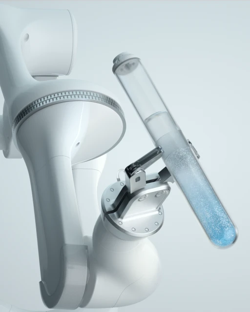 A white robotic arm holds a clear test tube filled with blue liquid in a sterile, brightly lit laboratory setting, emphasizing precision and technology.