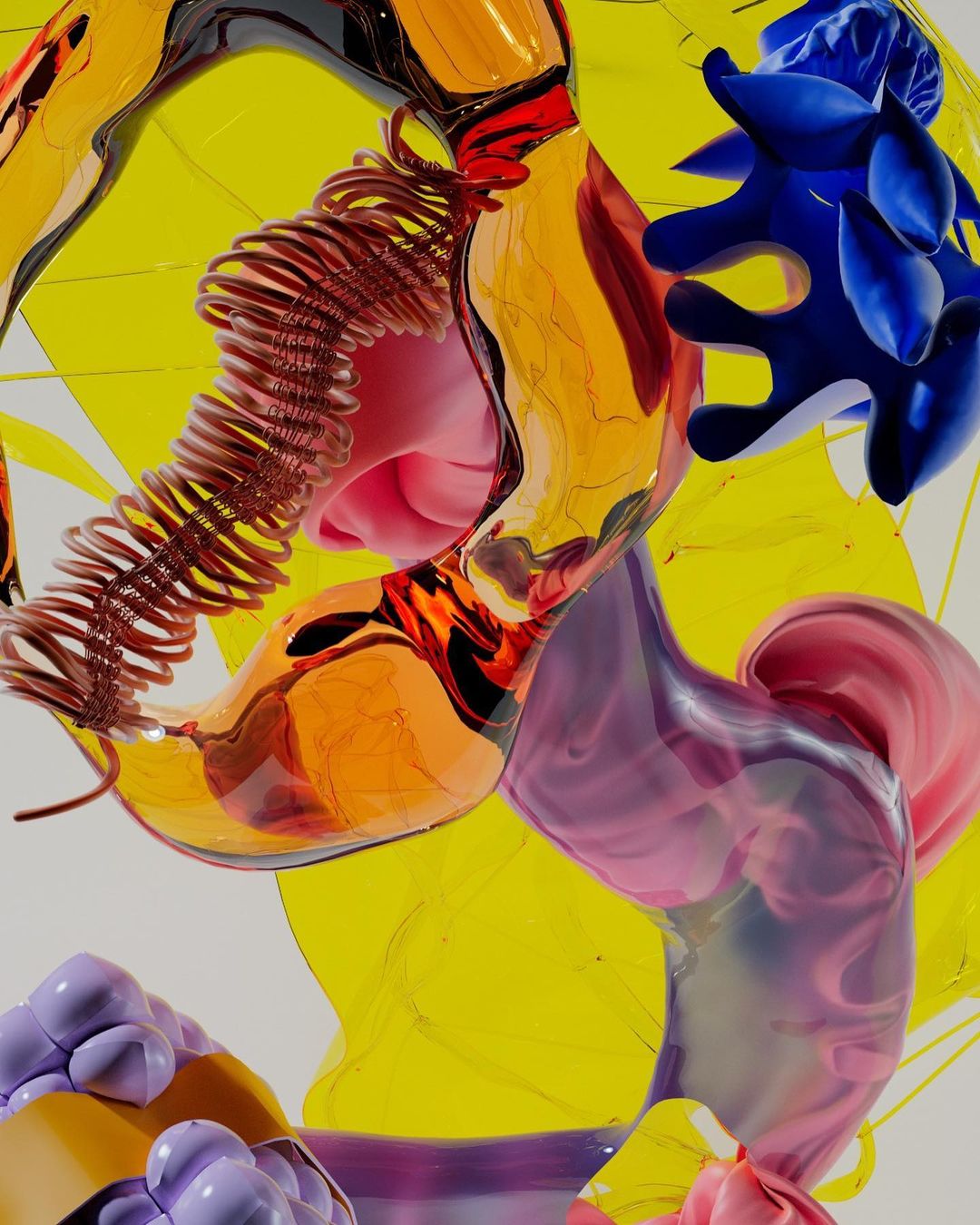 Abstract design featuring vibrant colors, swirling shapes, and textures, with a dynamic composition and unique forms.