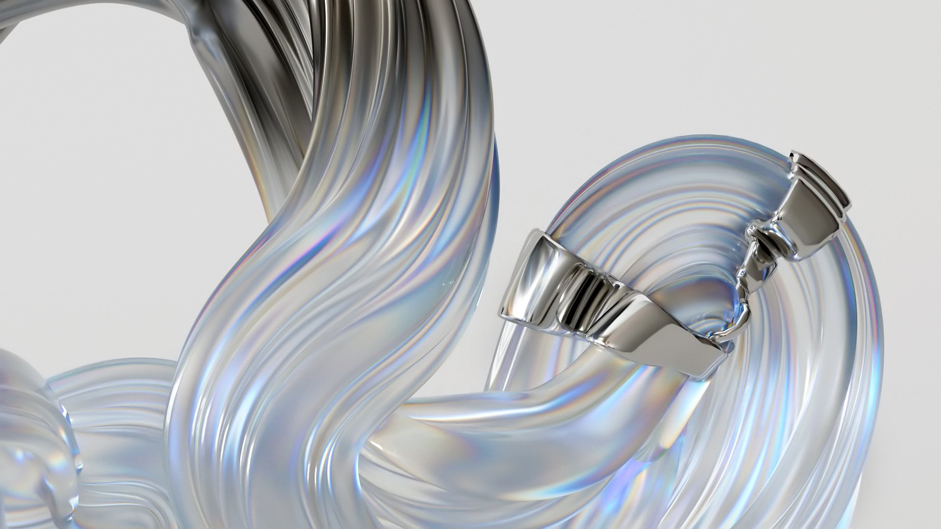 Abstract wavy glass sculpture with metal accents against a plain white background, showcasing cool-toned, reflective, and smooth textures.