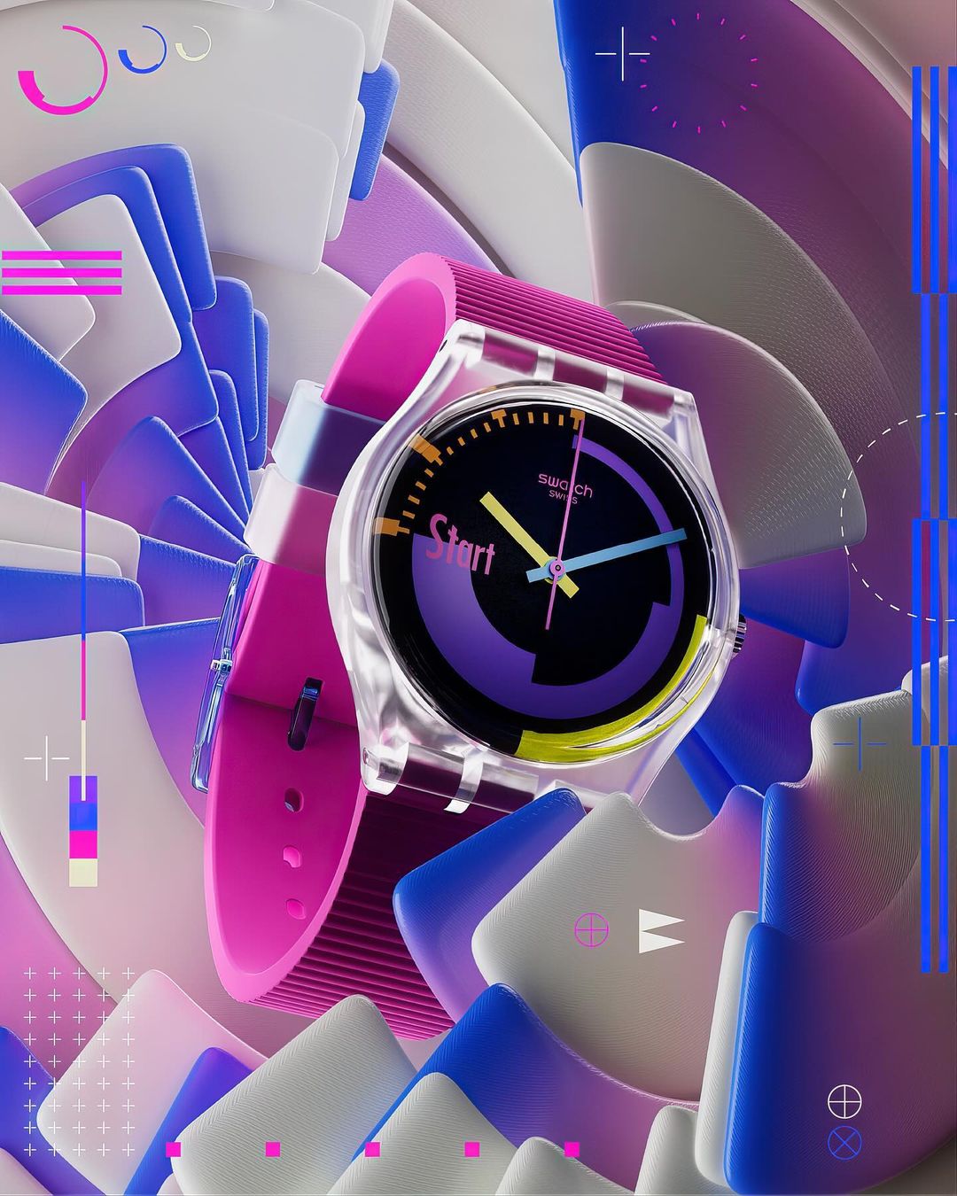 Swatch watch with a pink band and clear case displayed against an abstract, geometric background of blue, purple, and white shapes.