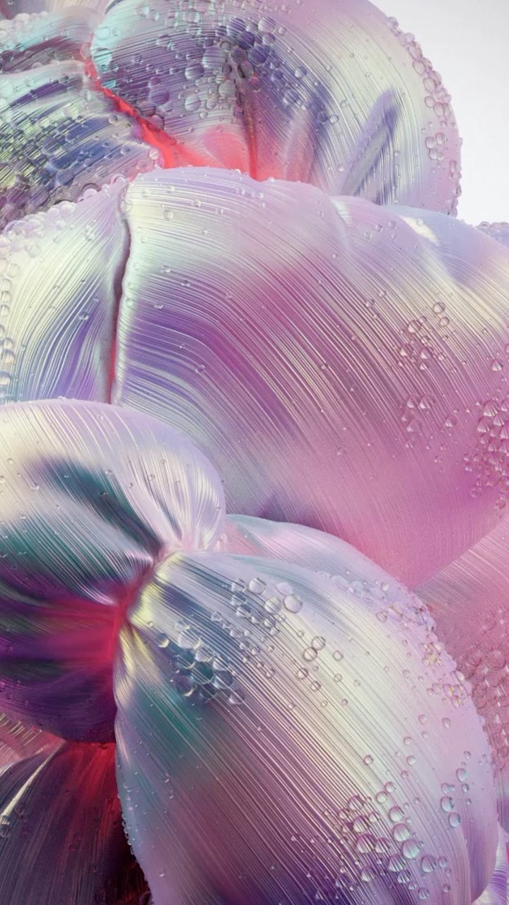 Abstract rendering features iridescent purple and blue petal-like shapes adorned with water droplets on a light gradient background.