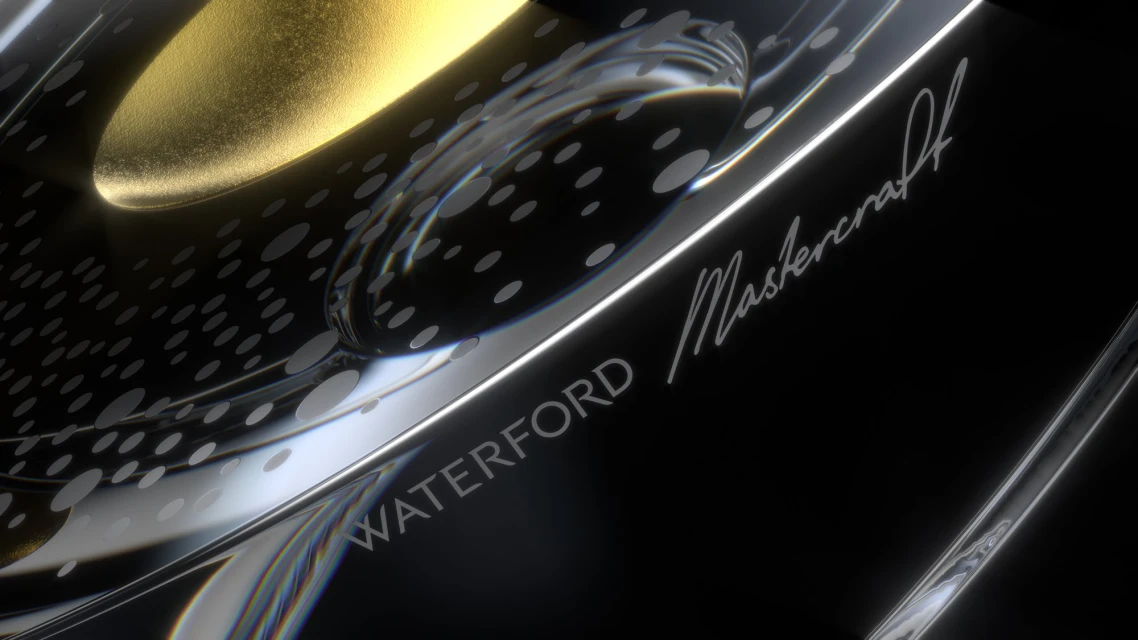 Abstract crystal art piece with geometric designs, metallic gold interior and text overlay. Modern studio product shot.