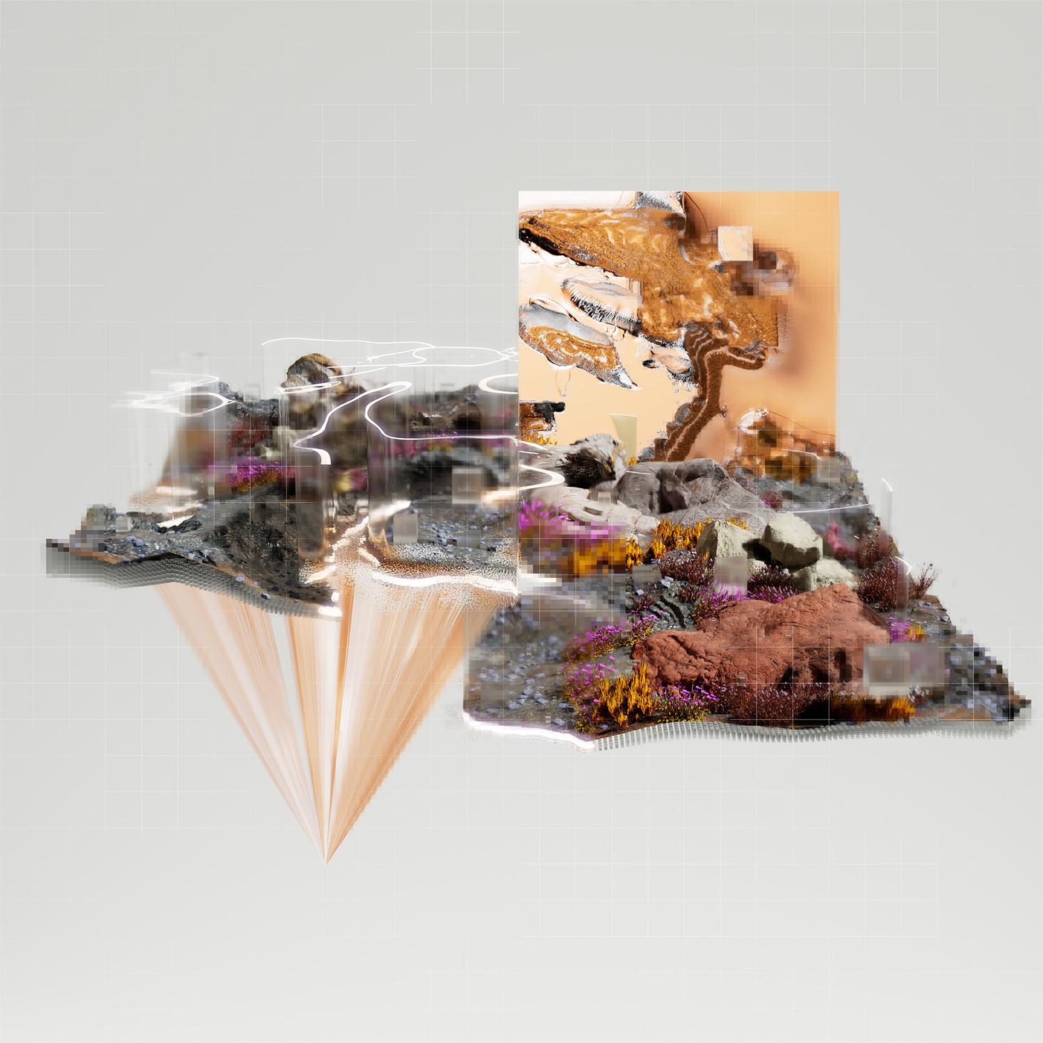 Abstract diorama featuring digital rocks, vegetation, and structures with a muted color palette and glowing lines, creating a surreal, tech-infused scene.