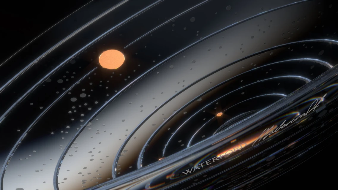 Abstract CGI render with concentric rings, illuminated spheres, and reflective surfaces, set against a dark, moody backdrop.