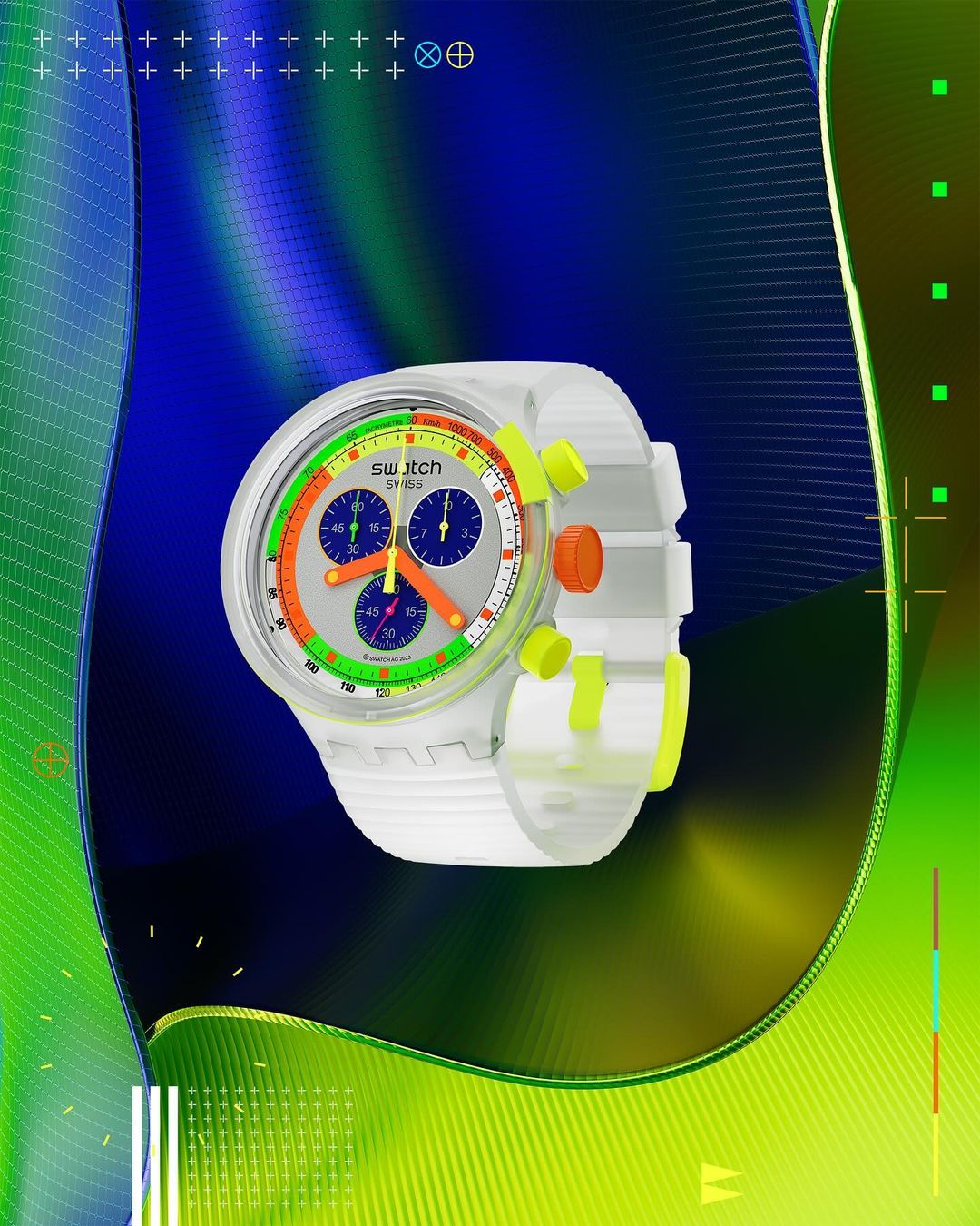 Swatch watch with a translucent white band and neon accents on a blurred background with blue and green hues and geometric shapes.