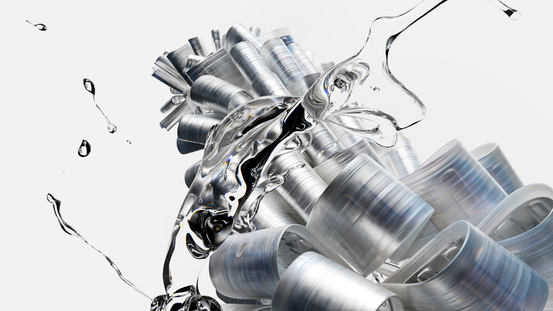 Abstract close-up of flowing, clear water interacting with a pile of metallic, silver tubes on a stark white background.