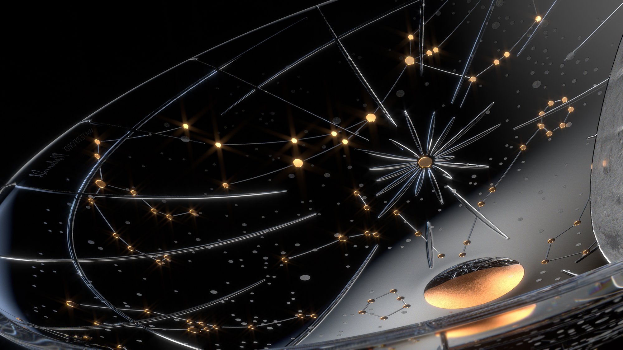 Abstract rendering of constellations connected by lines in a black space. The rendering is futuristic with metallic textures and lighting.