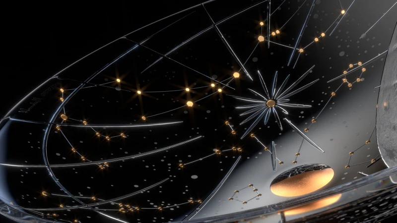 Abstract rendering of constellations connected by lines in a black space. The rendering is futuristic with metallic textures and lighting.