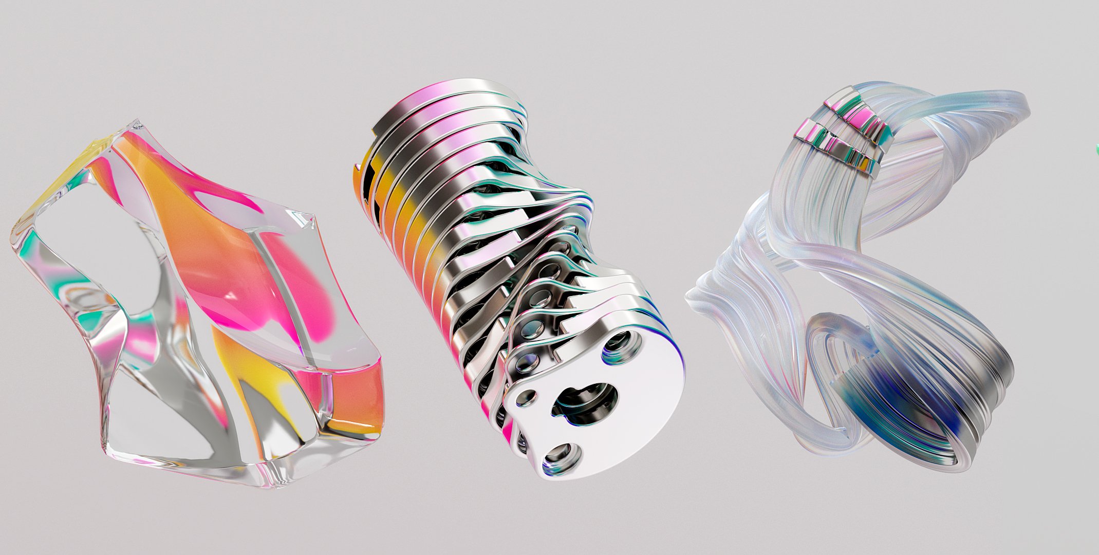 Abstract forms in a digital rendering showcase iridescence on clear, metal, and striped structures, set against a neutral backdrop.