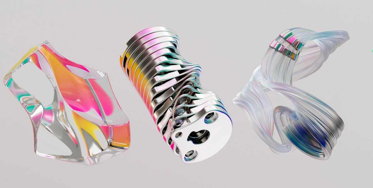 Abstract forms in a digital rendering showcase iridescence on clear, metal, and striped structures, set against a neutral backdrop.
