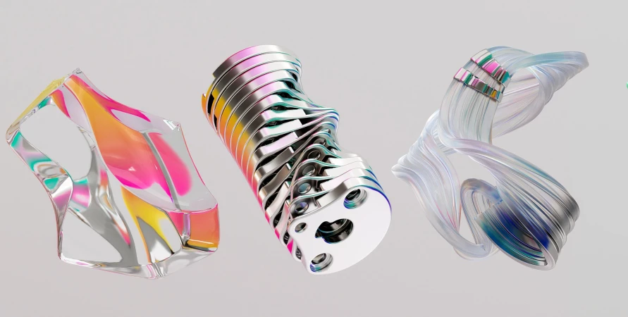 Abstract forms in a digital rendering showcase iridescence on clear, metal, and striped structures, set against a neutral backdrop.