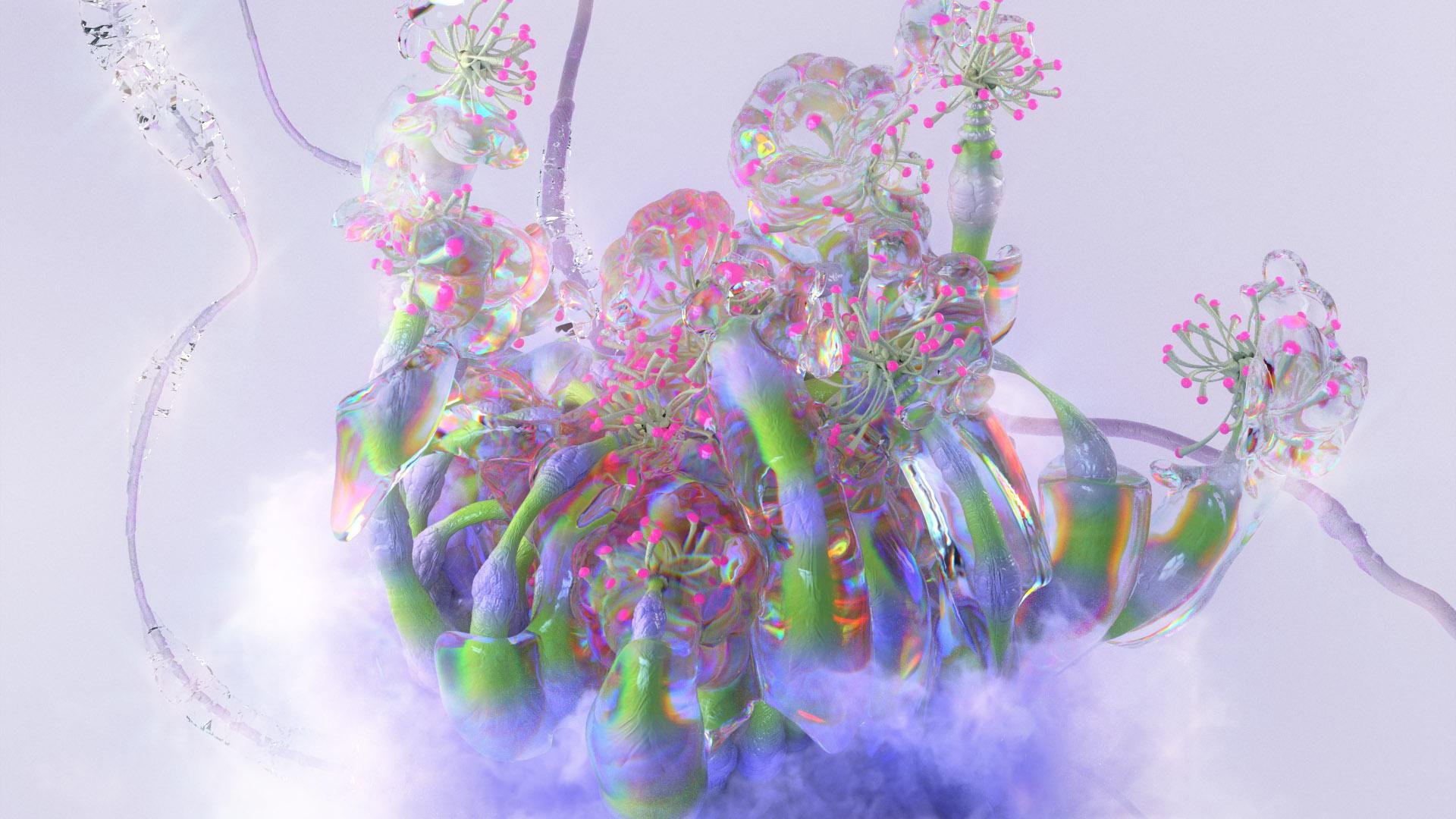 Abstract digital art with organic shapes, iridescent textures, and pink floral accents against a soft, light background with wispy smoke.