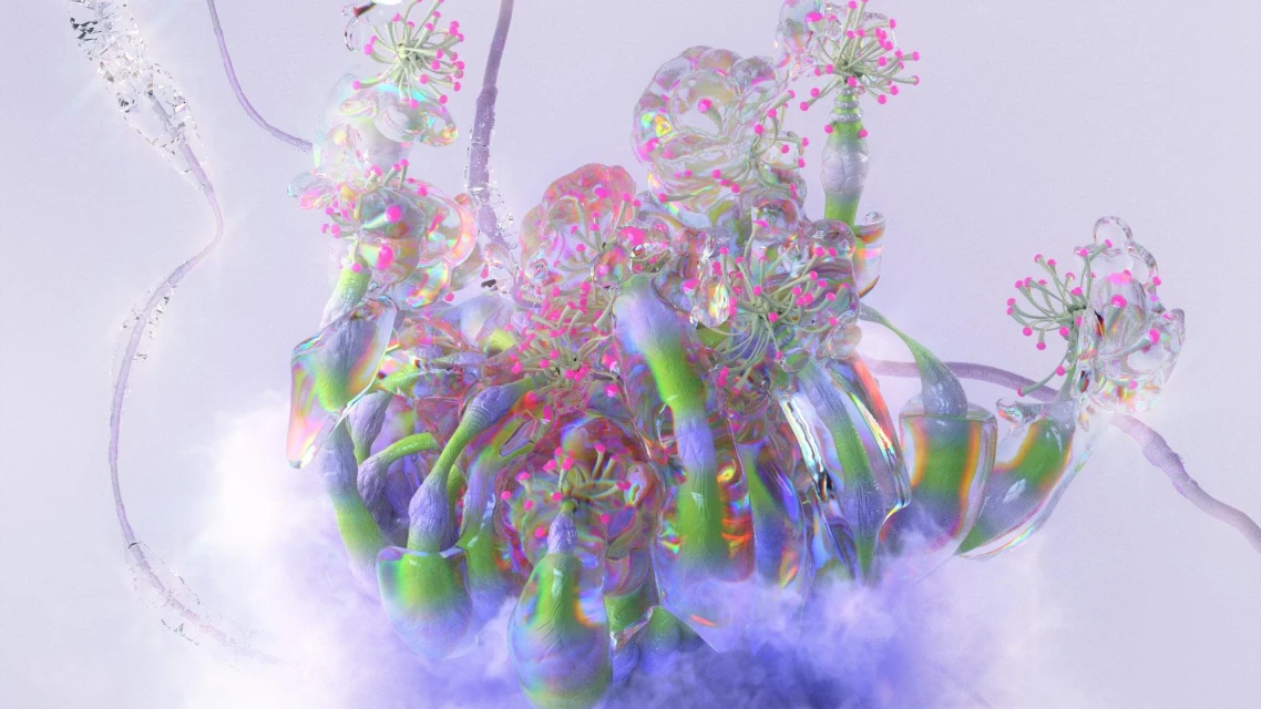 Abstract digital art with organic shapes, iridescent textures, and pink floral accents against a soft, light background with wispy smoke.