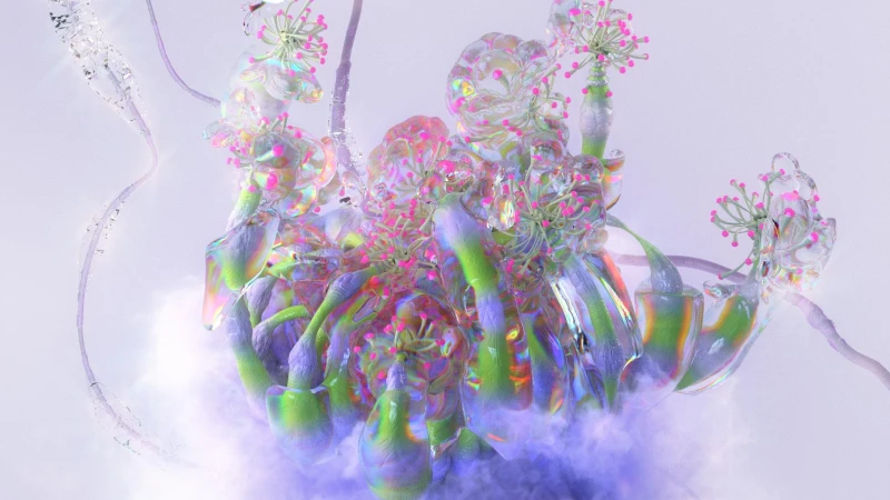 Abstract digital art with organic shapes, iridescent textures, and pink floral accents against a soft, light background with wispy smoke.