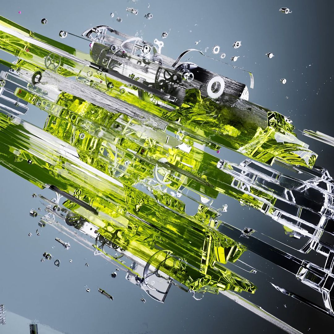 Abstract rendering of layered transparent glass and geometric shapes with chartreuse details creating a layered, geometric, and futuristic scene.