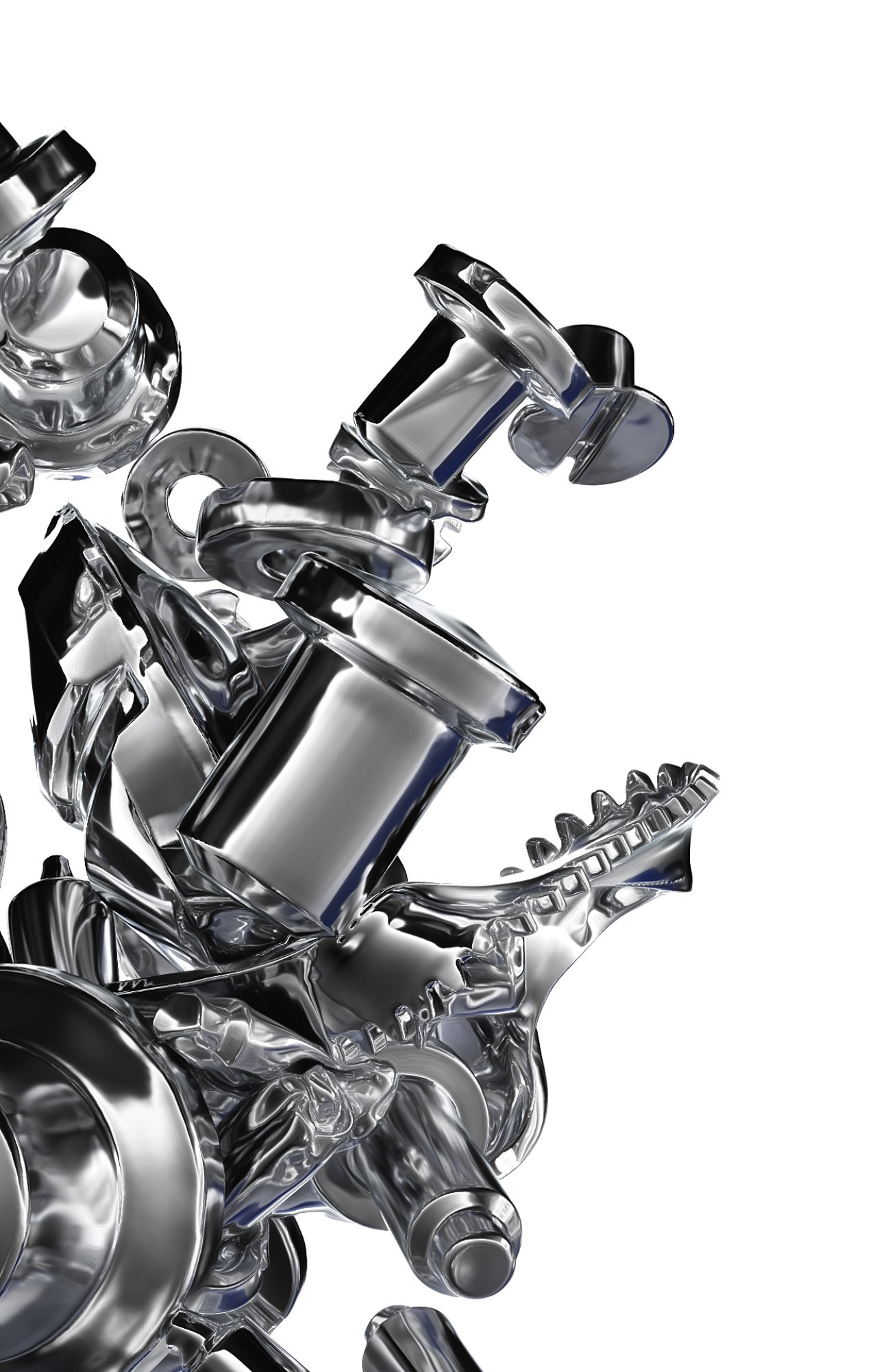 Close-up of shiny, silver-colored metal components including screws, bolts, and gears, arranged on a white background with studio lighting.