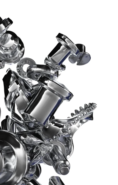 Close-up of shiny, silver-colored metal components including screws, bolts, and gears, arranged on a white background with studio lighting.