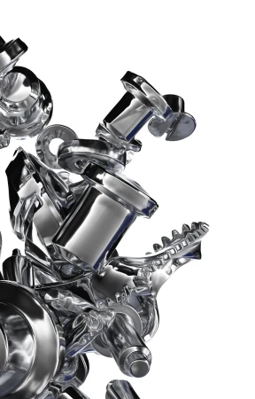 Close-up of shiny, silver-colored metal components including screws, bolts, and gears, arranged on a white background with studio lighting.