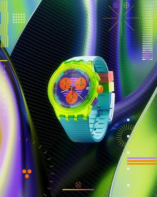 Vibrant promotional shot of a Swatch watch, featuring neon green and turquoise tones, against a dynamic, abstract geometric background.