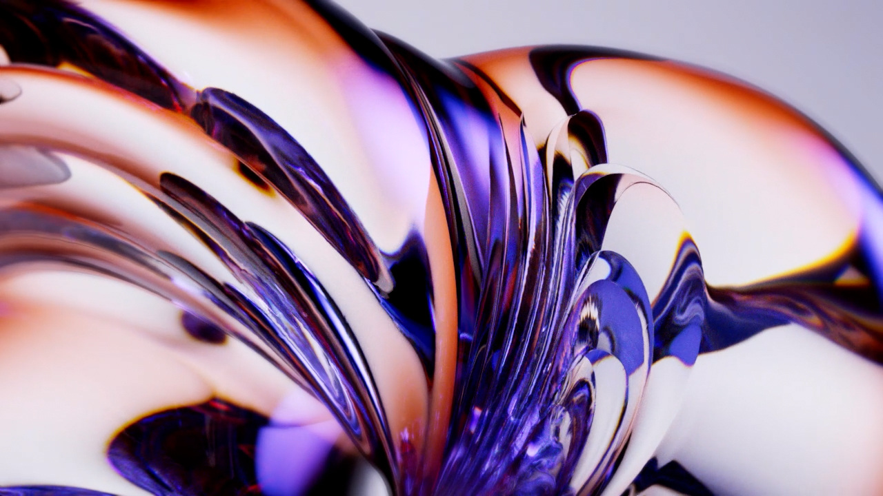 Abstract glossy fluid swirls with purple and orange hues on a white background, creating a visually intriguing, shiny design element.